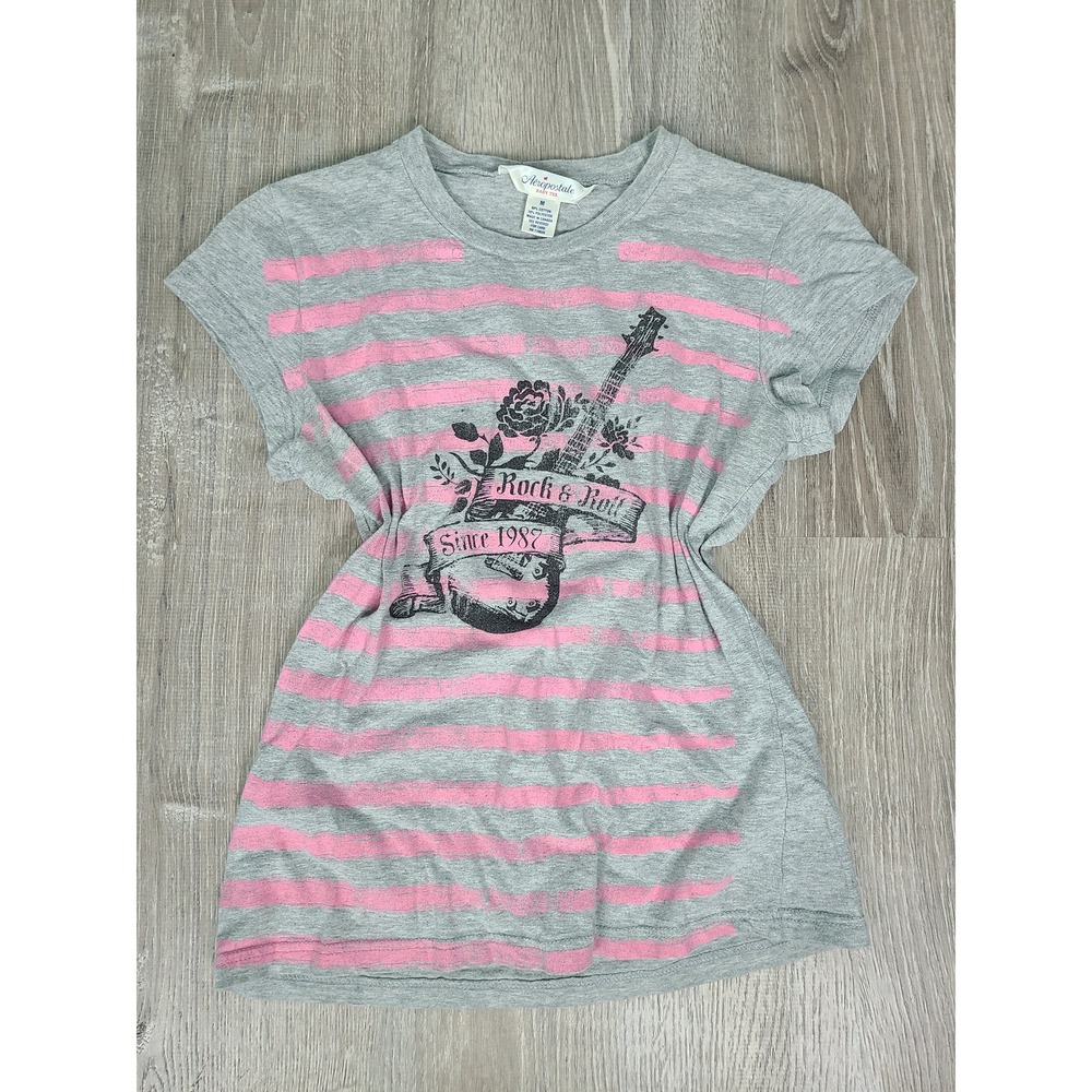 Y2K Aeropostale M Baby Tee Pink Stripe Rock N Roll Skater Girl Punk Mallcore